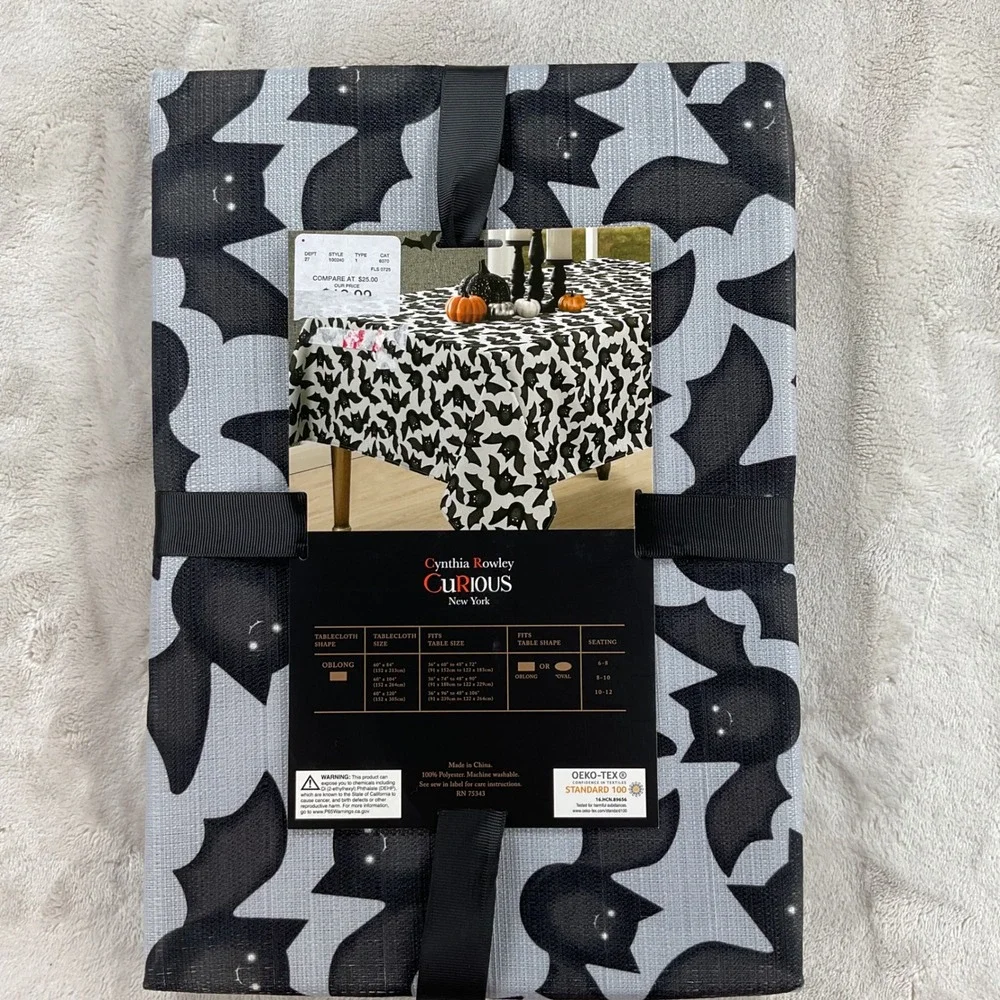 Cynthia Rowley Curious Bat Attack Halloween Tablecloth Oblong 60x104 Black Gray
